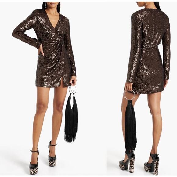 Jonathan Simkhai Monty wrap effect sequin mini dress size 6 brown - Picture 1 of 16